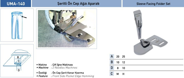 FDM | Uma-140 | Şeritli Ön Cep Ağzı Aparatı |10 mm | Sanayi Tipi Çift İğne Makinelerinde Kullanılır | Pantalon Ön Cep Şerit Kenar Kıvırma İşleminde Uygulanır ürün detay görseli 2