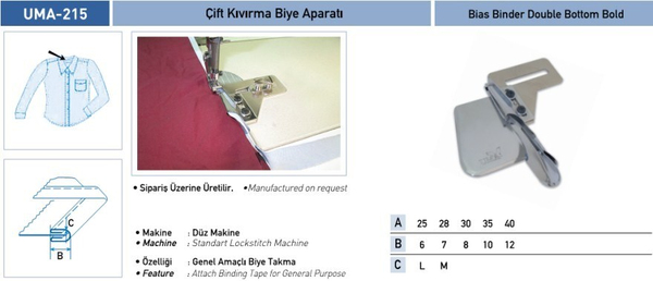 FDM | Uma-215 | Çift Kıvırma Biye Aparatı | 40x12 mm | Sanayi Tipi Düz Makinelerde Kullanılır uygulama ve ölçü görseli 2
