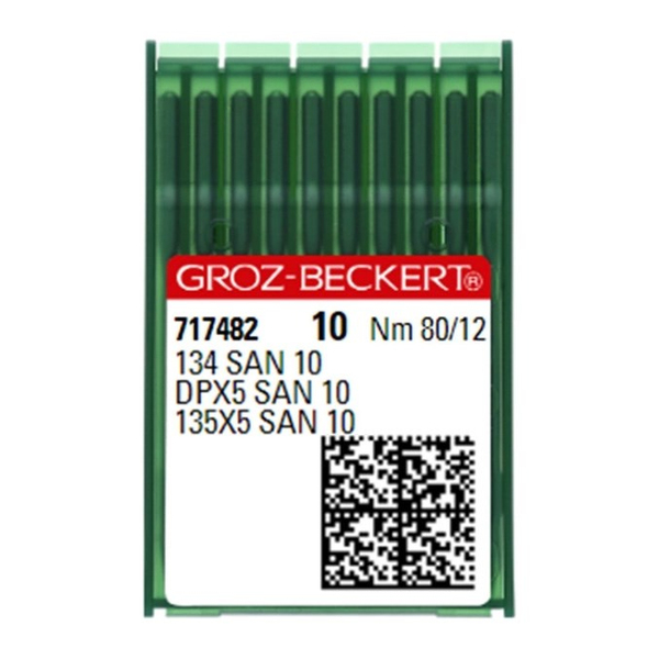 FDM Groz Beckert DPx5 San Kesik Uçlu Düz Makine İğnesi 12 Numara ürün kutusu ve DPx5 SAN 10 12/80 sistem etiketi