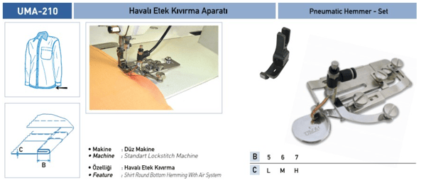 FDM | Uma-210 | Havalı Etek Aparatı Komple Set | 5 mm | Sanayi Tipi Düz Dikiş Makinelerde Kullanılır uygulama ve ölçü görseli 2