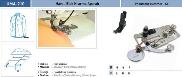 FDM | Uma-210 | Havalı Etek Aparatı Komple Set | 4 mm | Sanayi Tipi Düz Dikiş Makinelerde Kullanılır uygulama ve ölçü görseli 2