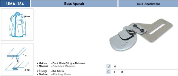 FDM | Uma-184 | Boss Aparatı | 6mm | Sanayi Tipi Zincir Dikiş Çift İğne Makinesinde Kullanılır | Kol Takmada Uygulanır uygulama ve ölçü görseli 2