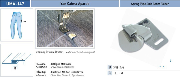 FDM | Uma-147 | Yan Çatma Aparatı | 1/4 M | Sanayi Tipi Çift İğne Makinelerinde Kullanılır | Eşofman Altı Yan Birleştirmede Kullanılır ürün uygulama ve ölçü görseli 2