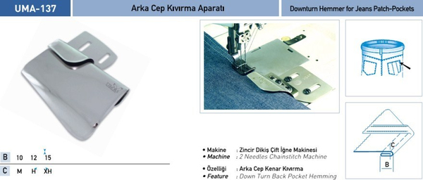 FDM | Uma-137 | Arka Cep Ağzı Kıvırma Aparatı |12 mm | Sanayi Tipi Zincir Dikiş Çift İğne Dikiş Makinelerinde Kullanılır ürün detay görseli 2