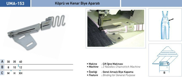 FDM | Uma-153 | Köprü Ve Kenar Biye Aparatı | 55x18mm | Sanayi Tipi Çift İğne Makinelerinde Kullanılır ürün uygulama ve ölçü görseli 2