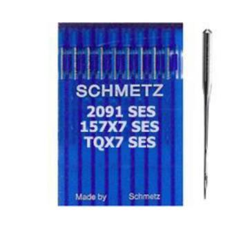 FDM Schmetz TQx7 SES uzun düğme makinesi iğnesi ve kutu görünümü