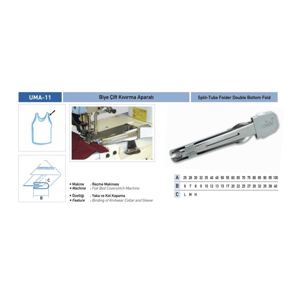 FDM | Uma-11 | Reçme Biye Çift Kıvırma Aparatı | 30x8 mm | Sanayi Tipi Bant Reçme Makinesi İçin Uygundur | Yaka Ve Kol Kapama İşleminde Kullanılır uygulama ve ölçü görseli 2