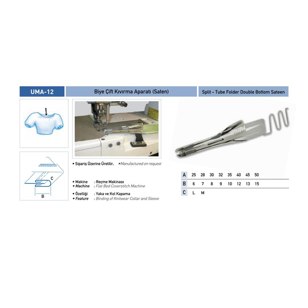 FDM | Uma-12 | Saten Reçme Biye Çift Kıvırma Aparatı | 30x8 mm | Sanayi Tipi Bant Reçme Makinesi İçin Uygundur | Yaka Ve Kol Kapama İşleminde Kullanılır uygulama ve ölçü görseli 2