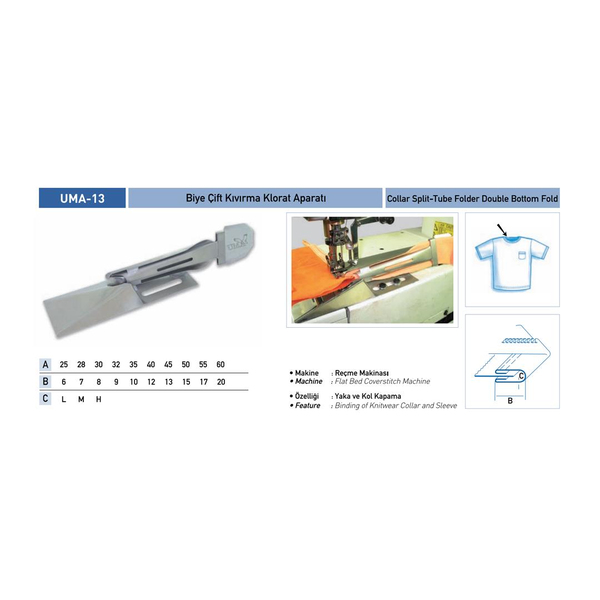 FDM | Uma-13 | Klorat Biye Çift Kıvırma Reçme Aparatı | 45x13 mm | Sanayi Tipi Etek Reçme Makinesi İçin Uygundur | Yaka Ve Kol Kapama İşleminde Kullanılır uygulama ve ölçü görseli 2