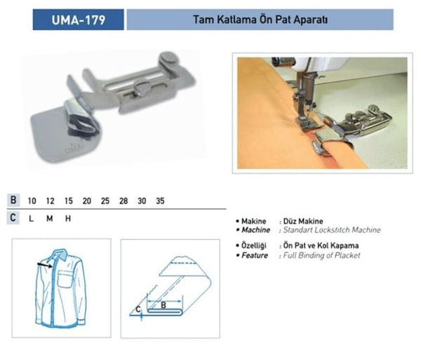FDM | Uma-179 | Tam Katlamalı Etek Aparatı |10 mm | Sanayi Tipi Düz Makinelerde Kullanılır | Ön Pat Ve Kol Kapamada Uygulanır uygulama ve ölçü görseli 2