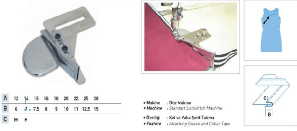 FDM | Uma-216 | Düz Makine Hazır Şerit İkiye Katlama Aparatı | 40x20 mm | Sanayi Tipi Düz Makinelerde Kullanılır | Kol Ve Yaka Şerit Takmada Uygulanır uygulama ve ölçü görseli 2