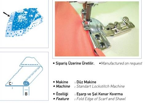 FDM | Uma-255U | Eşarp Kıvırma Aparatı | Uzun Uç | Tüm Marka Sanayi Tipi Düz Makinelerde Kullanılır uygulama ve ölçü görseli 2