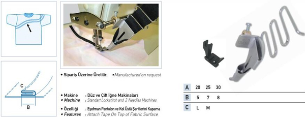 FDM | Uma-27 | Üstten Gelen Şerit Aparatı | 13 mm | Üstten Gelen Biye Aparatı | Sanayi Tipi Düz Makinelerde Kullanılır uygulama ve ölçü görseli 2