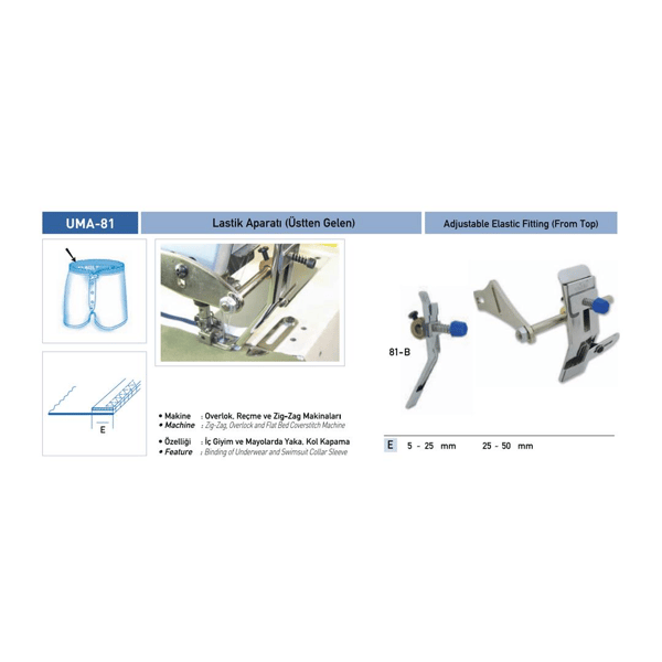 FDM | Uma-81B | Lastik Aparatı | Tansiyonlu Üstten Gelen | 10mm | Sabit | Sanayi Tipi Overlok Reçme Ve Zigzak Makinelerinde Kullanılır | İç Giyim Ve Mayo Dikimde Uygulanır ürün detay görseli 3