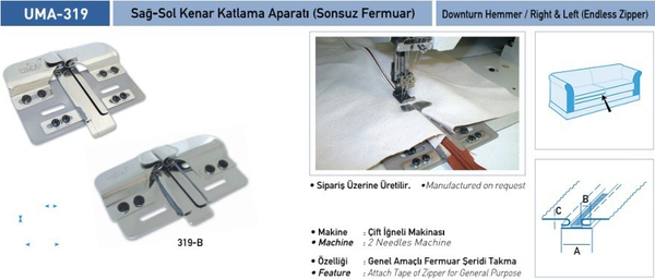 FDM | UMA-319 | Sağ Sol Kenar Katlama Aparatı | Sonsuz Fermuar | 30mm | Sanayi Tipi Çift İğne Makinelerde Kullanılır uygulama ve ölçü görseli 2