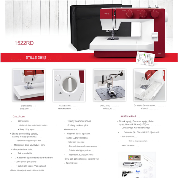 Janome 1522RD kırmızı dikiş makinesi galeri görseli 15
