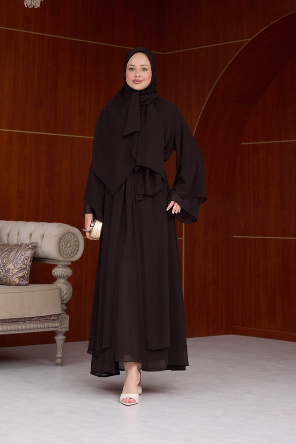 3lü Eslem Tasarım Abaya Takım ( Abaya-Şal-İçlik ) - Kahverengi