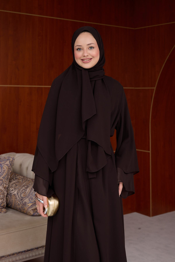 3lü Eslem Tasarım Abaya Takım ( Abaya-Şal-İçlik ) - Kahverengi