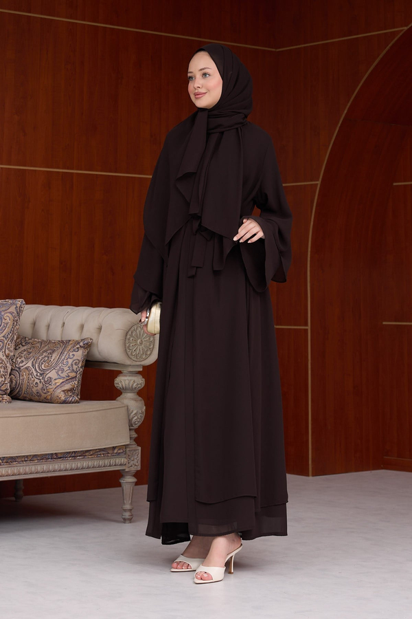 3lü Eslem Tasarım Abaya Takım ( Abaya-Şal-İçlik ) - Kahverengi