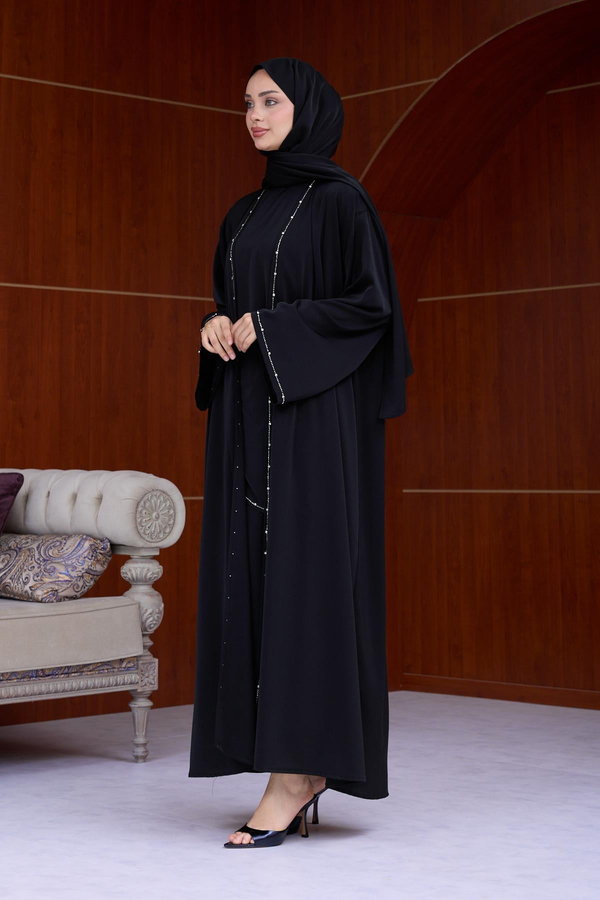Berinda Taş Şerit Detaylı Abaya - Siyah
