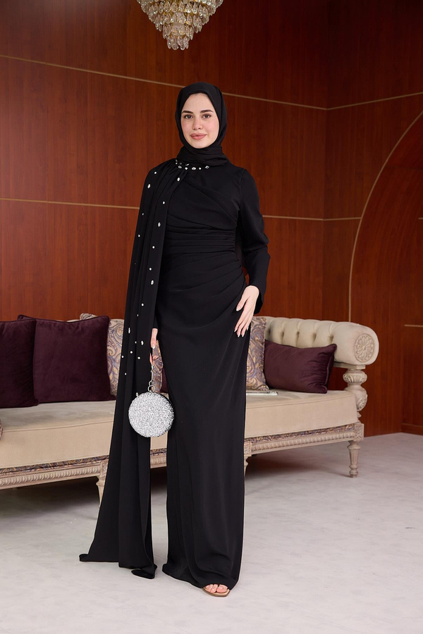 Boyun ve Pelerin Taş İşlemeli Abiye - Siyah