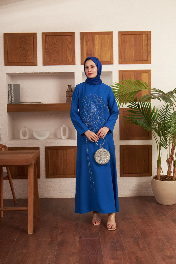 Flower Embroidered Crepe Evening Dress - Indigo