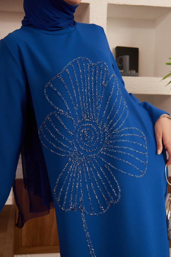 Flower Embroidered Crepe Evening Dress - Indigo