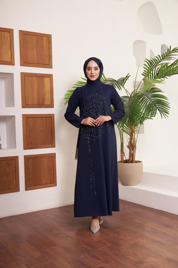 Flower Embroidered Crepe Evening Dress - Navy Blue