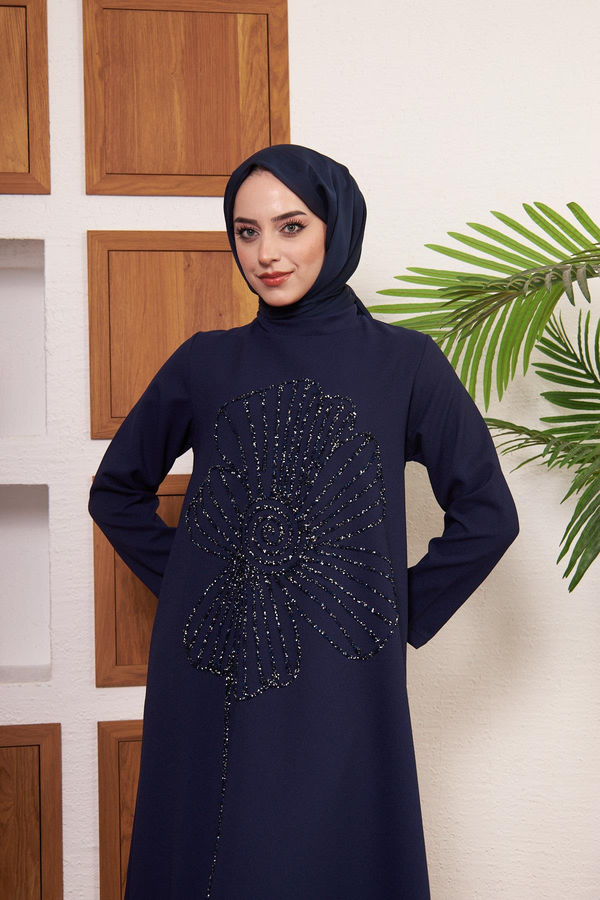 Flower Embroidered Crepe Evening Dress - Navy Blue