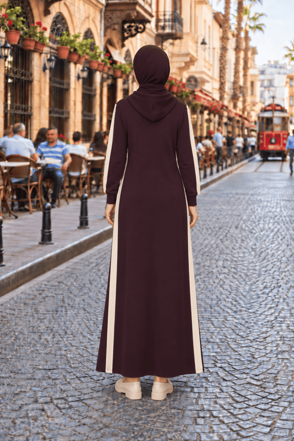 Çizgi Detay Kapüşonlu Elbise - Bordo