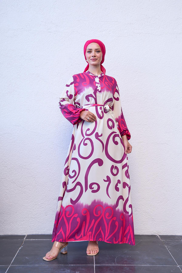 Buttoned Tie Waist Spiral Patterned Dress - Pink