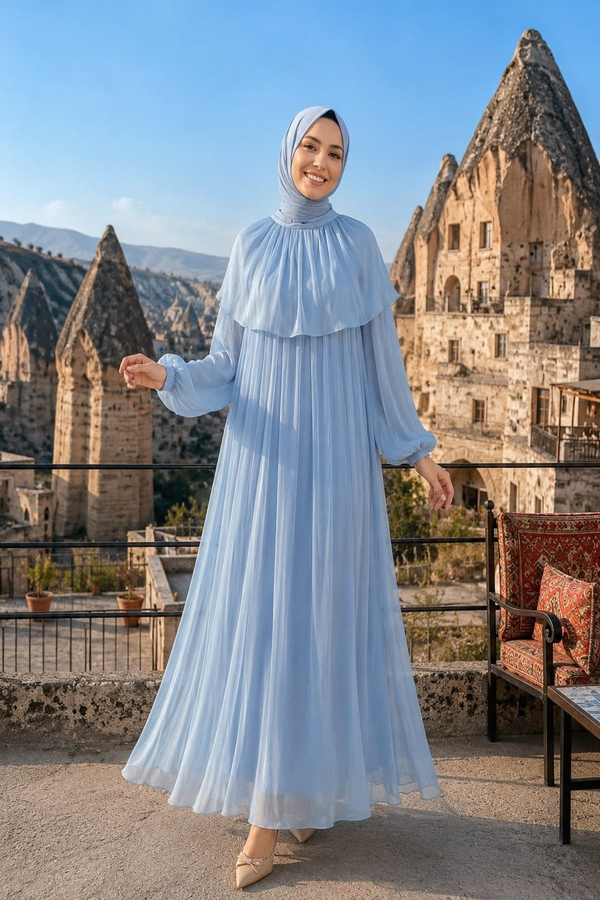 Eslem Yaka Detay Işıltı Abiye - Bebe Mavi
