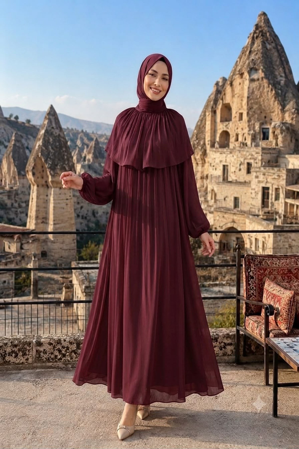 Eslem Yaka Detay Işıltı Abiye - Bordo
