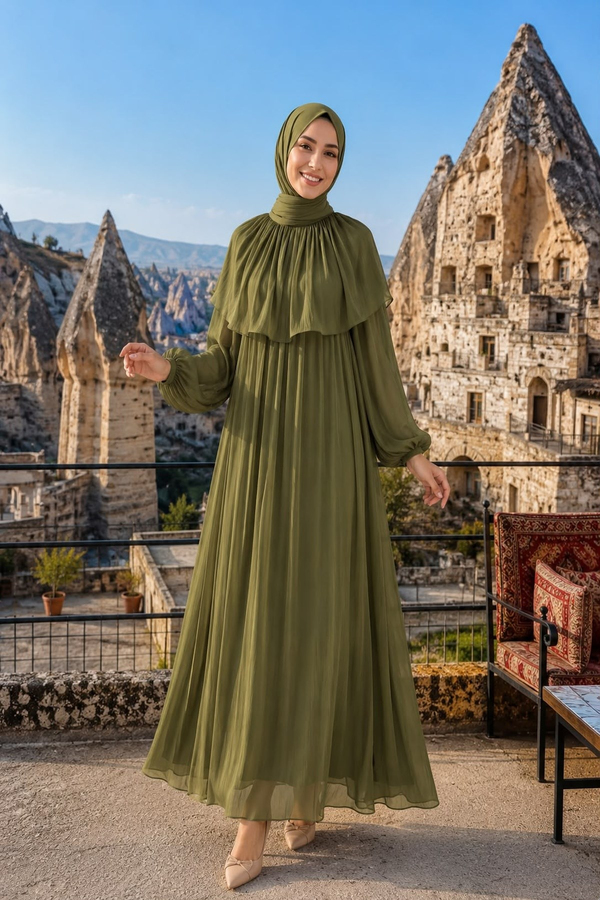 Eslem Yaka Detay Işıltı Abiye - Haki
