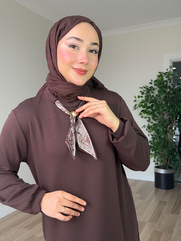 Fular Detay Oysh Elbise - Kahverengi