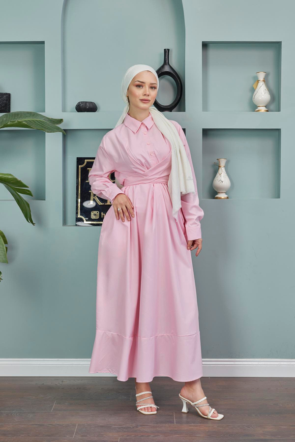 Gömlek Yaka Bağlamalı Poplin Elbise - Pembe