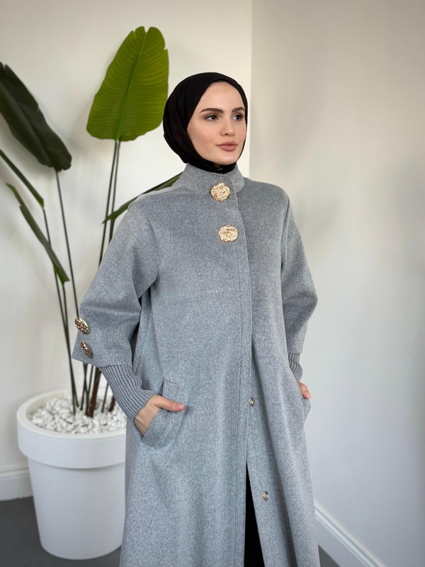 Halime Düğme Detay Kaban - Gri