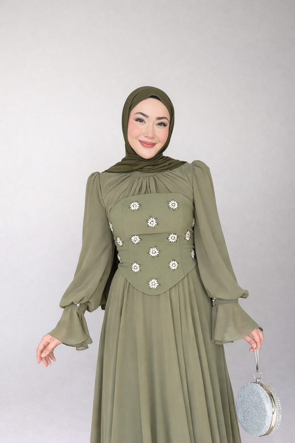 Karamel Taş Detaylı Abiye - Haki