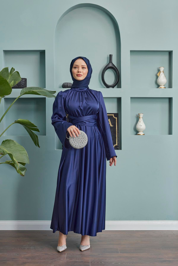 Kuşak Detaylı Saten Abiye - Lacivert
