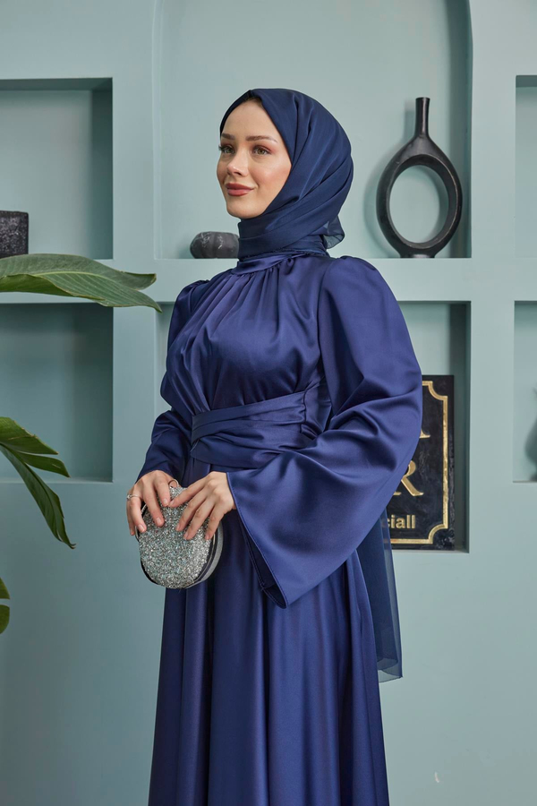 Kuşak Detaylı Saten Abiye - Lacivert