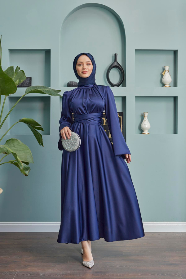 Kuşak Detaylı Saten Abiye - Lacivert