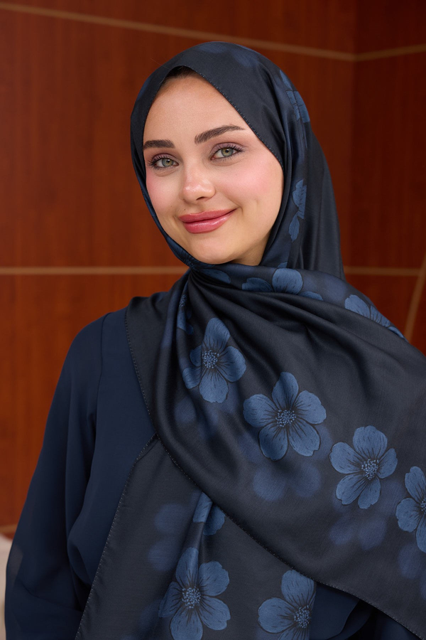 Larissa Çiçek Tasarım Şal ( 70 x 190 ) cm - Lacivert