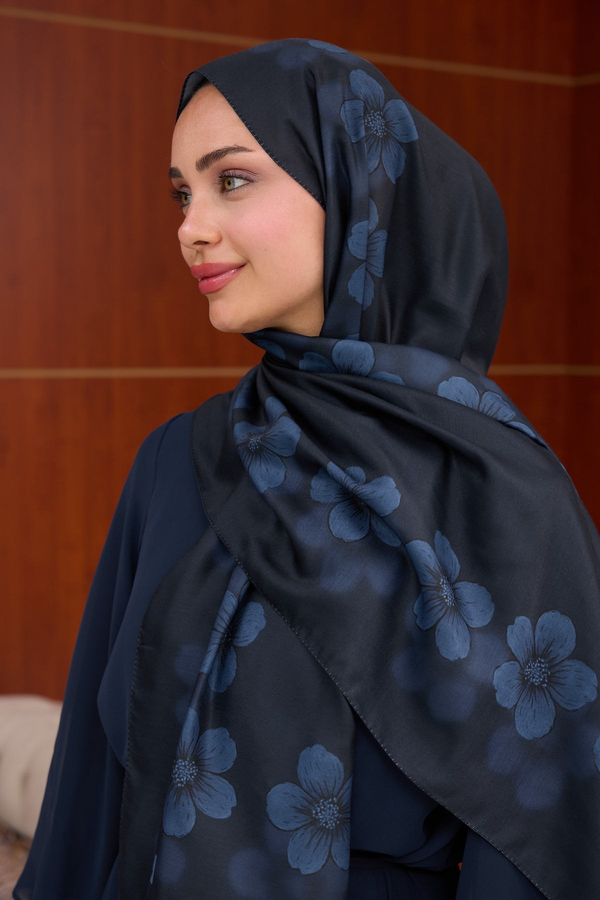 Larissa Çiçek Tasarım Şal ( 70 x 190 ) cm - Lacivert
