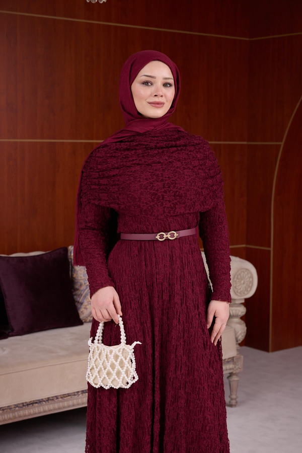 Lotus Bürümcük Elbise - Bordo