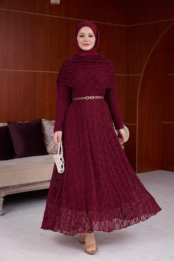 Lotus Bürümcük Elbise - Bordo