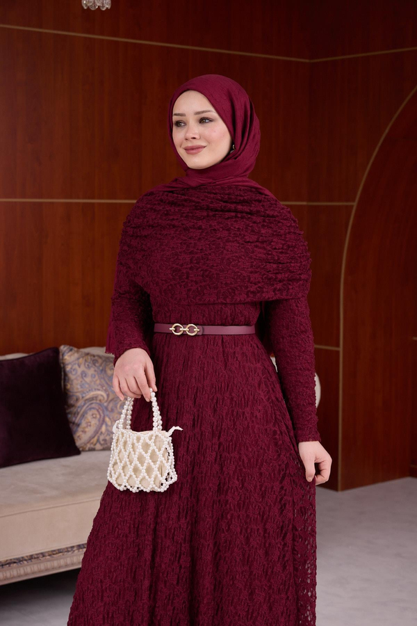 Lotus Bürümcük Elbise - Bordo