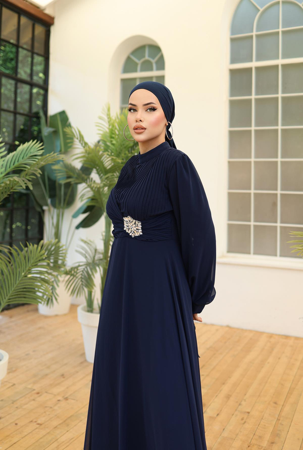 Chiffon Evening Dress with Stone Decoration Detail - Navy Blue