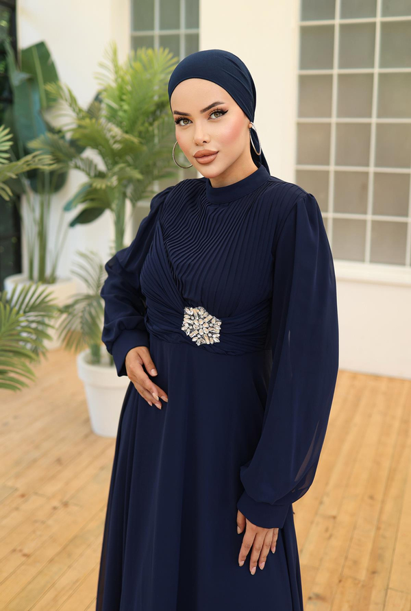 Chiffon Evening Dress with Stone Decoration Detail - Navy Blue