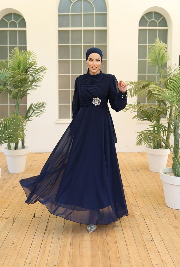 Chiffon Evening Dress with Stone Decoration Detail - Navy Blue