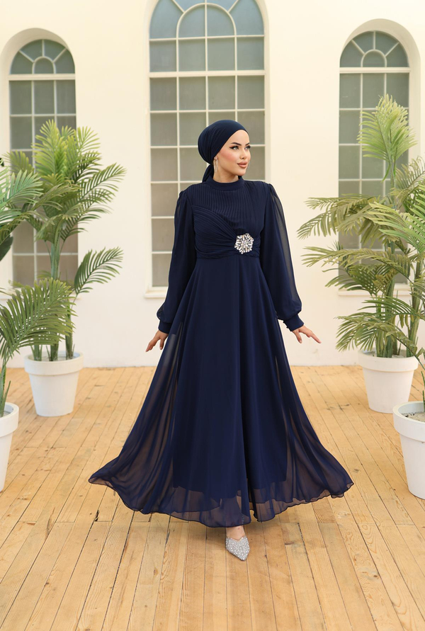 Chiffon Evening Dress with Stone Decoration Detail - Navy Blue